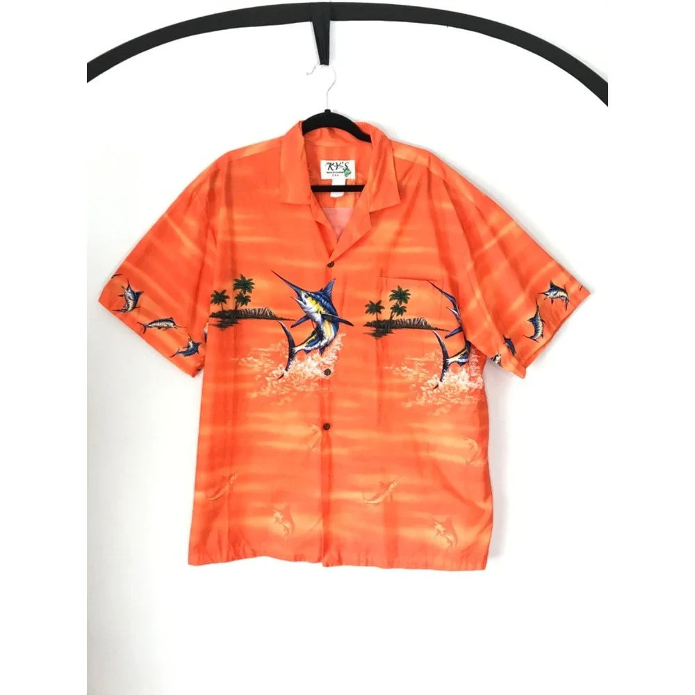 Vintage KY'S Hawaiian Button Up Shirt Mens 2XL Orange Marlin Fish Aloha Tiki USA